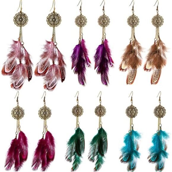 Boho Feather Dangle Earrings Set – 6 Pairs Colorful Dreamcatcher Style